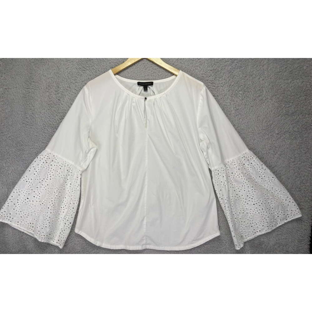 Banana Republic Womens L White Eyelet Bell Sleeve Blouse Cotton Boho Peasant